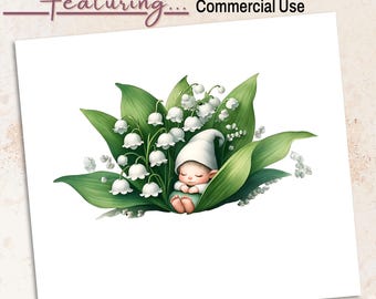 Lelietje-van-dalen babyelfje png, aquarel bloemen clipart (digitale download)