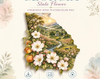 Georgia State Flower PNG, Cherokee Rose Watercolor, Clipart, Sublimation Design, Commercial Use Digital Download