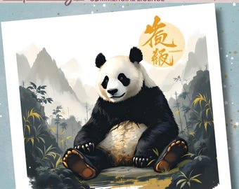 Panda PNG: Mountain Full Moon Clipart - Asian Wildlife Art (Commercial License, Digital Download)
