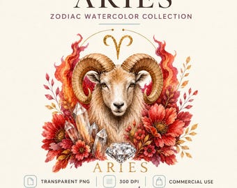 Aries Zodiac PNG | Watercolor Ram Clipart | Astrology Sublimation Design | Aries Wall Art | Commercial Use
