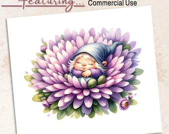 September Aster Baby Gnome PNG-afbeeldingen | Bloemsublimatie geboortemaand | Digitale download 300 dpi