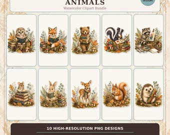 Woodland Book Animals Watercolor Clipart Bundle, Autumn Reading PNG, Commercial Use