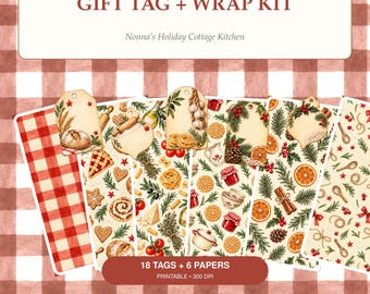 Printable Christmas Gift Tags and Wrapping Paper, Nonna Holiday Kitchen Bundle
