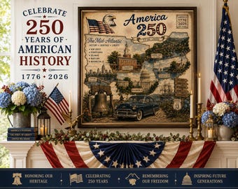 Poster America 250 mid-Atlantische Oceaan, muurkunst koloniale geschiedenis, afdruk in aquarelstijl