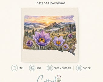 South Dakota Pasque Flower Watercolor Clipart, Black Hills Landscape Design (Digital Download)