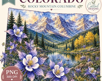 Colorado Rocky Mountain Columbine Watercolor PNG (Digital Download)