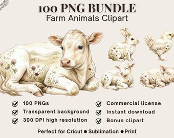 Farm Animals 101 Watercolor PNG Bundle | Baby Animal Clipart Commercial License