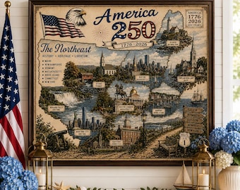Poster America 250 noordoostelijke regio, decor Americana kust, poster historische VS