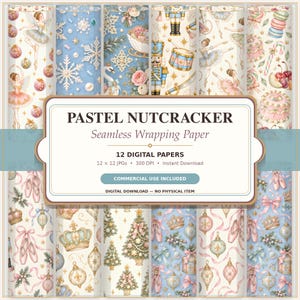 Könnte beinhalten: Eine Sammlung von 12 digitalen nahtlosen Geschenkpapieren mit dem Titel Pastel Nutcracker. Die Muster zeigen Illustrationen von Ballerinas, Nussknackern, Trommeln, Kronen, Weihnachtsbäumen, Ornamenten und Ballettschuhen in sanften Pastellfarben.