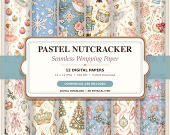 Pastel Nutcracker Digital Paper Bundle, 12 Seamless Christmas Ballet Wrapping Papers, JPG Download