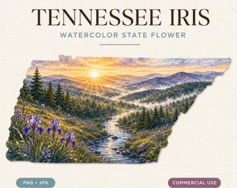 Tennessee Iris Watercolor Map PNG & JPG, State Flower Digital Download