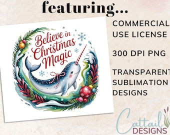 Narwhal PNG | Watercolor Christmas Narwhal (Digital Download)