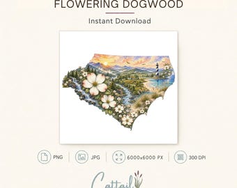 North Carolina State Flowering Dogwood Watercolor PNG, Clipart, Sublimation Design, Commercial Use Digital Download