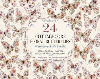 24 Cottage-core Floral Butterfly PNG Bundle, Watercolor Clipart, Sublimation, Commercial Use, Instant Download