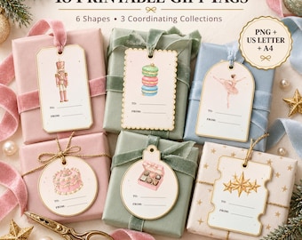 Nutcracker Christmas Gift Tags Printable, Pastel Ballet Tags, 18 PNG PDF Set