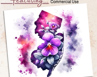 New Jersey Violet PNG: aquarel bloemen staat silhouet (300 dpi transparant bestand)
