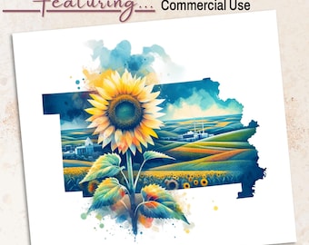 Kansas Sunflower Watercolor Clipart: State Flower PNG (Commercial Use License, Digital Download, 300 DPI)