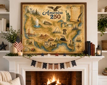 America 250 Watercolor Map Print | Patriotic Landmark Wall Art (Instant Download)