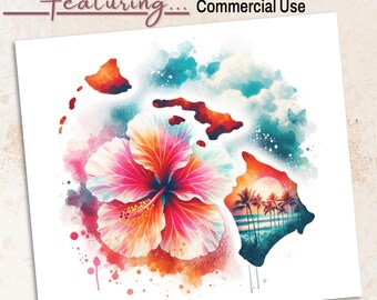 Hawaii Hibiscus Watercolor Clipart: Floral State Sublimation (PNG Digital Download, Commercial Use License)