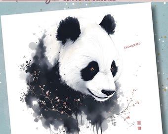 Panda PNG: Ink Wash Clipart, Floral Asian Wildlife Art (300 DPI Digital Download