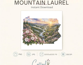 Pennsylvania State Flower Mountain Laurel Watercolor PNG, Clipart, Sublimation Design, Commercial Use Digital Download