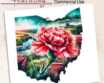 Ohio Scarlet Carnation PNG: aquarel staat bloem clipart (300 dpi transparant bestand)