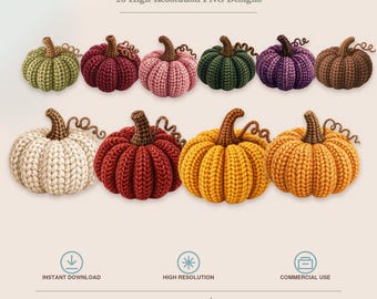 Faux Crochet Pumpkin PNG Bundle, 16 Fall Clipart Designs