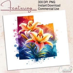 May include: Watercolor illustration of two orange and yellow lilies with green stems and leaves. The image is set against a colorful background with text that reads "Featuring..." and "300 DPI PNG Instant Download Commercial Use."