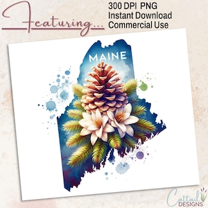 Puede incluir: Ilustración en acuarela del estado de Maine en azul, con una piña, flores blancas y follaje verde. La palabra "MAINE" está en texto blanco. La imagen también incluye el texto "300 DPI PNG Descarga instantánea Uso comercial".