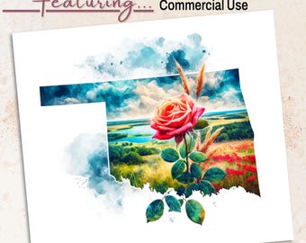 Oklahoma Rose State Flower PNG: Watercolor Floral Clipart (300 DPI Transparent File)