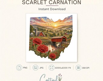 Ohio State Flower Scarlet Carnation Watercolor PNG, Clipart, Sublimation Design, Commercial Use Digital Download