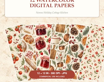 Nonna Christmas Digital Paper Bundle, 12 Watercolor Italian Kitchen Patterns, Commercial Use