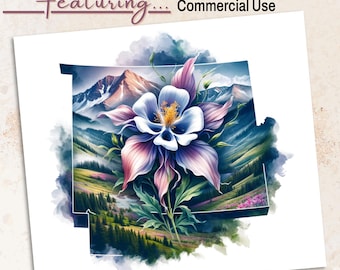Colorado Columbine Flower PNG: Watercolor Mountain Clipart (Commercial Use, Digital Download)
