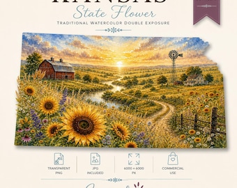Kansas State Sunflower Watercolor PNG, Clipart, Sublimation Design, Commercial Use (Instant Download)