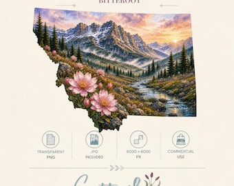 Montana Bitterroot Watercolor Clipart, State Flower PNG, Wildflower Sublimation Design