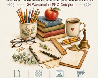 Cozy Classroom Watercolor Clipart Bundle, Vintage School Supplies PNG (Digital Download)