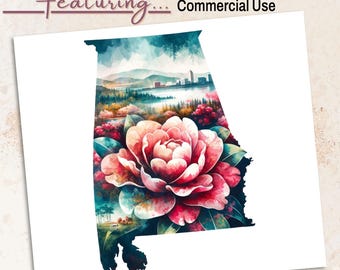Alabama Camellia Watercolor Clipart: State Flower PNG (Digital Download, Commercial Use OK