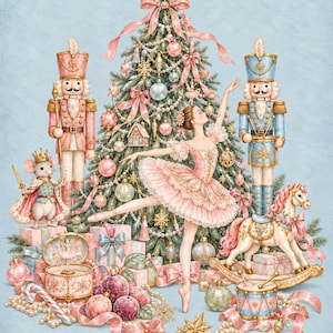 Op de afbeelding: Een feestelijke illustratie met een centrale kerstboom versierd met roze ornamenten, linten en een ster. Rondom de boom staan een ballerina, twee notenkrakers, een muizenkoning, een hobbelpaard, een trommel en diverse cadeautjes.