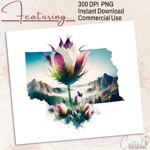 Könnte beinhalten: Ein digitaler Kunstdruck mit einem Aquarell-Blumendesign mit lila und weißen Blütenblättern, vor einer Berglandschaft und blauem Himmel. Das Bild enthält den Text "Featuring..." und "300 DPI PNG Instant Download Commercial Use."