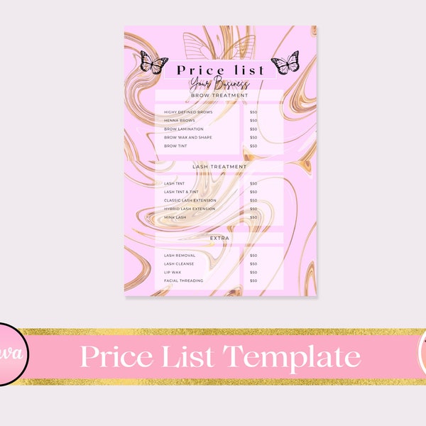 beige and purple Butterfly design Beauty Esthetician Price list Canva Template - Editable Template - Instant download