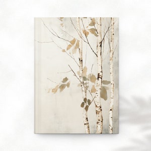 May include: A watercolor painting of birch trees with brown and green leaves against a white background.