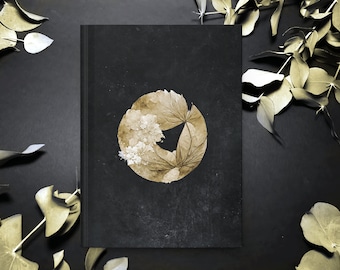 Gilded Bloom Black and Gold Hardcover Notebook | Abstract Minimalist Dark Academia Layflat Journal Gifts for Her | 150 Ruled