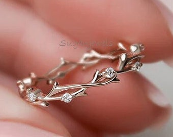 Handmade Sterling Silver Twig Band: Moissanite Leaf Promise Ring