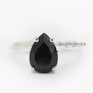 Minimalist Black Onyx Pear cut Ring, Black Onyx Solitaire Ring, Black Diamond Tear Drop Engagement Ring, Promise Ring, Anniversary Gift Her