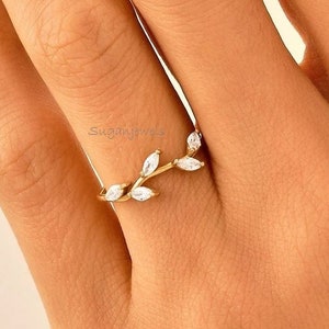 Diamond Leaf Ring: 14k Gold Vine Wedding Band, Marquise Moissanite
