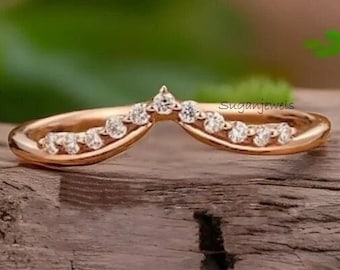 Dainty Diamond Crown Ring: Rose Gold Chevron Stacking Band