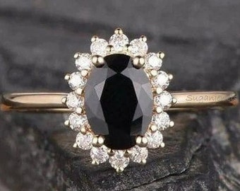 Halo Oval Cut Black Spinel Engagement Ring, 6*8 mm Faceted Black Spinel Promise Ring, Gothic Opaque Black Gemstone Ring, Princess Diana Ring