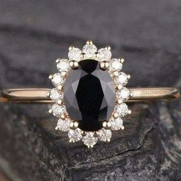 Halo Oval Cut Black Spinel Engagement Ring, 6*8 mm Faceted Black Spinel Promise Ring, Gothic Opaque Black Gemstone Ring, Princess Diana Ring