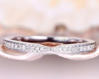 Round Cut Moissanite Half Eternity Wedding Band, 14K White Gold Band, Stacking Band, Bow Tie Shaped Band, Pinched Center, Moissanite Bands