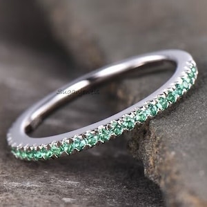 Half Eternity Emerald Wedding Band Women's Wedding Ring, Emerald Anniversary Ring Gift, Emerald Band, 14K Solid White Gold With 1.5mm Stones